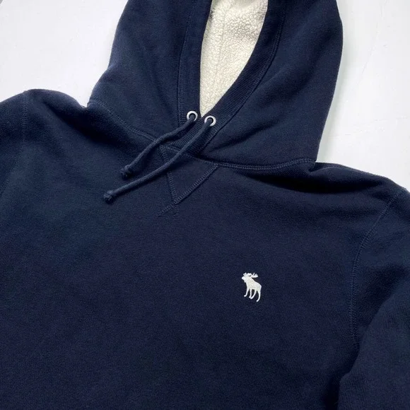 Abercrombie & Fitch Mens Moose Pullover Sweatshirt Navy Blue Sherpa Hood Size L - Picture 6 of 8